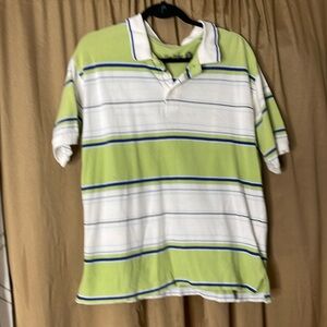 True Urban Men’s L Striped Polo Shirt Green/White/Blue Short Sleeve 3 Button